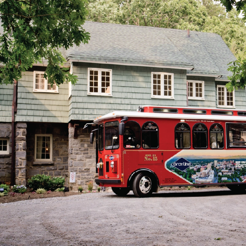 An old-fashioned bus outside of IntheOaks